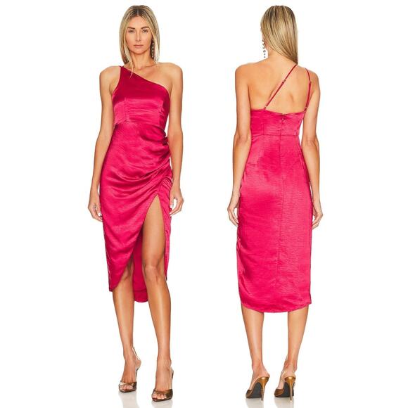 Lovers & Friends Renata Midi Dress One Shoulder Satin Ruched Side Slit Red Small